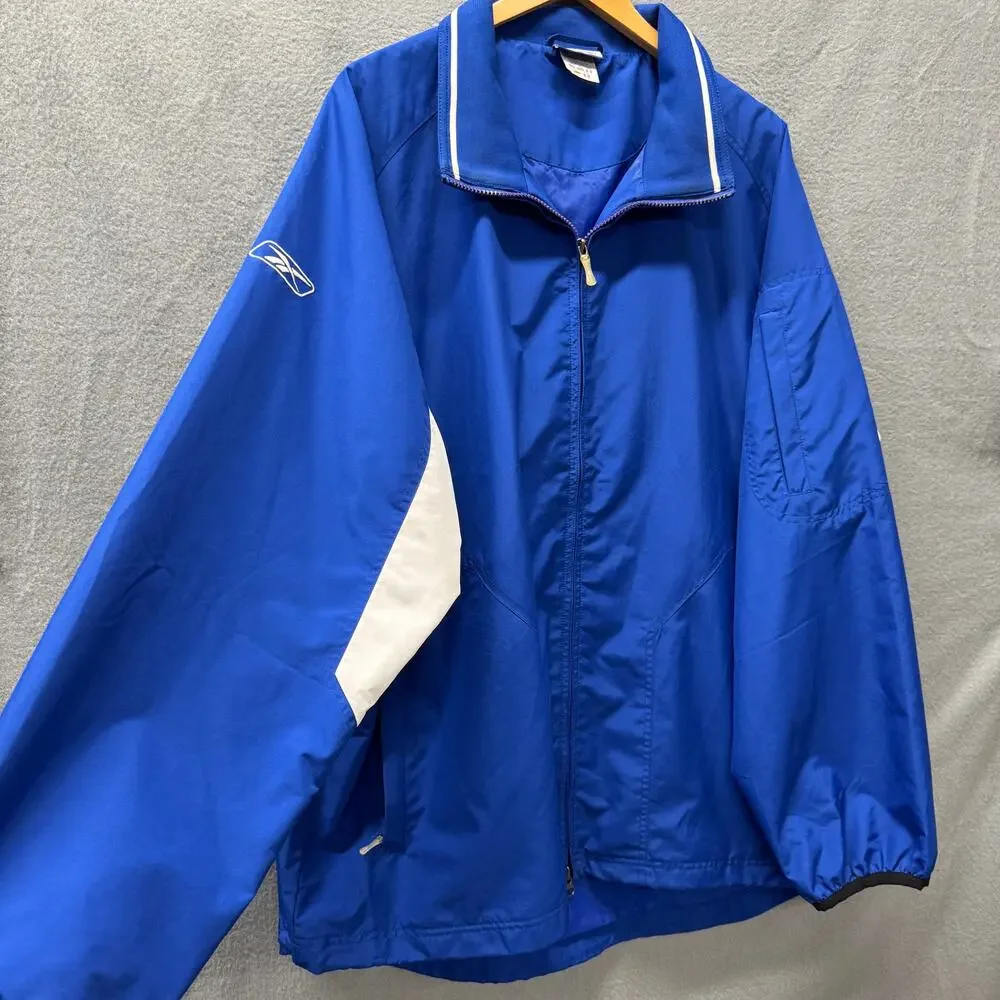 Reebok Jacket Mens XL Blue White Full Zip Retro Windbreaker + Pockets‎ Vintage